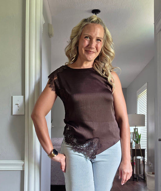 Chocolate Brown Silk Lace Asymmetrical Top