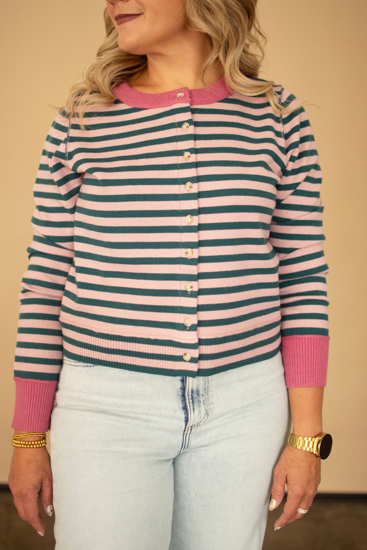 Mauve & Forest Green Striped Cardigan