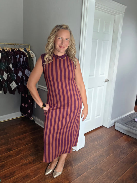 Plum & Cinnamon Striped Midi Dress