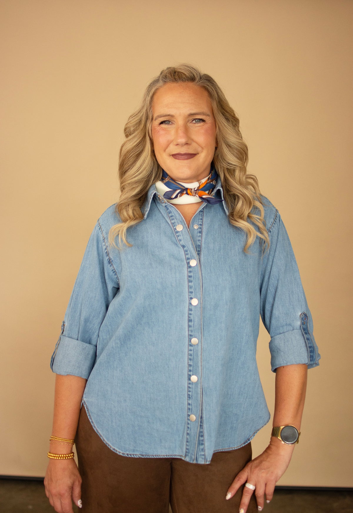 Denim Button Front Shirt w/ Roll Tab Sleeves