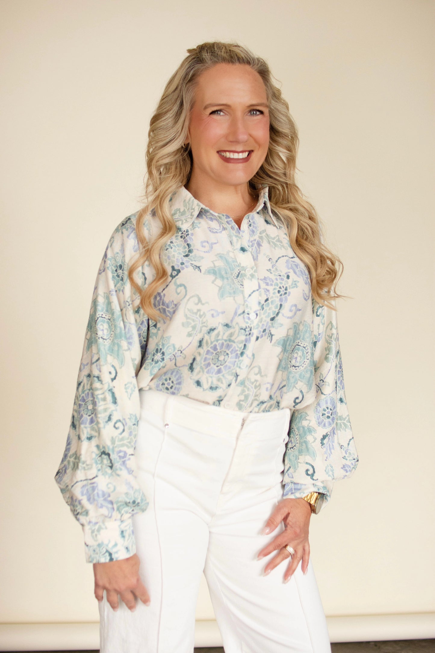 Blue & Green Floral Button-Down Top