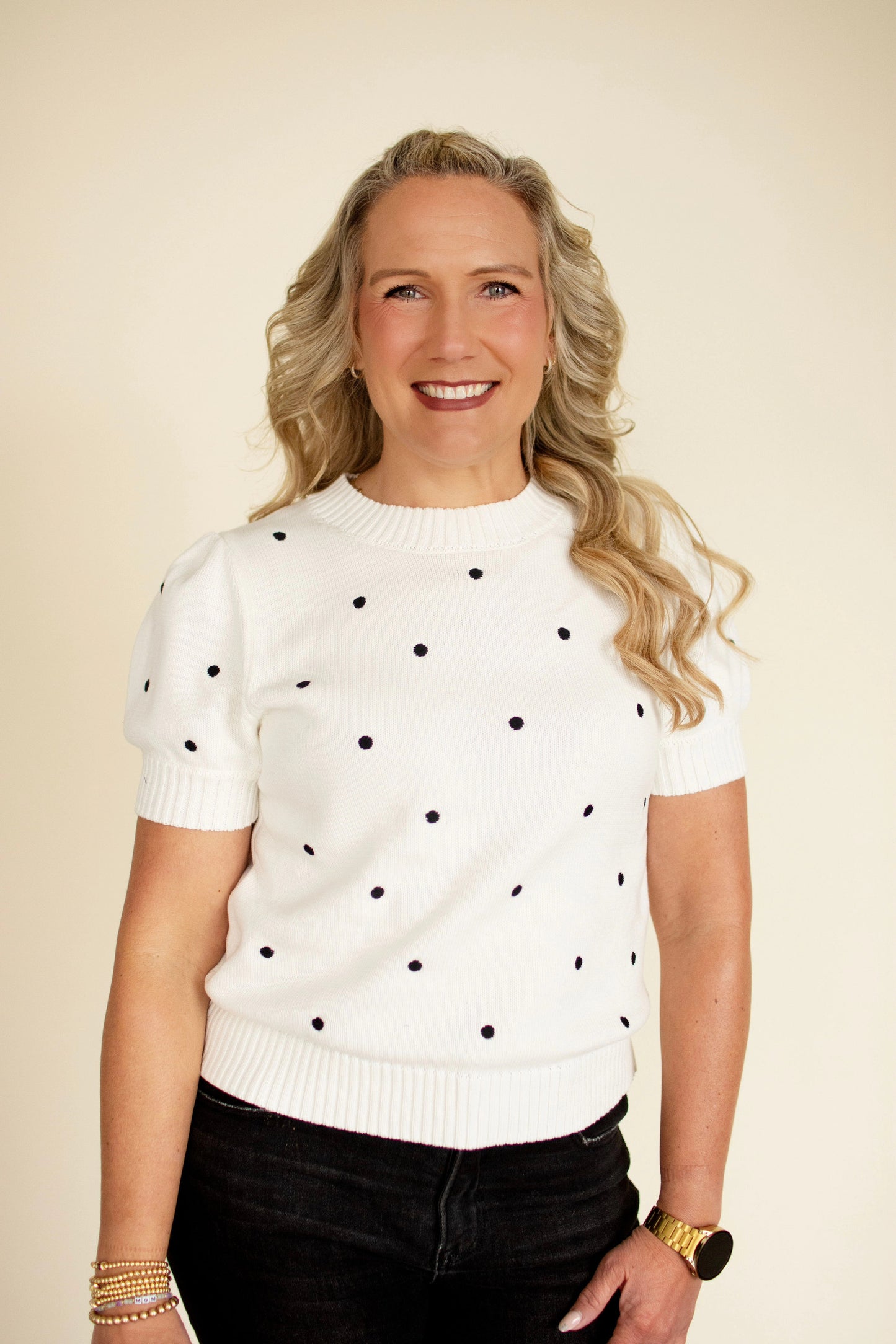 Off White Polka Dot Puff Sleeve Top