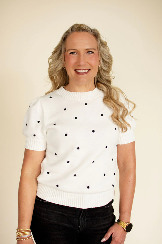 Off White Polka Dot Puff Sleeve Top