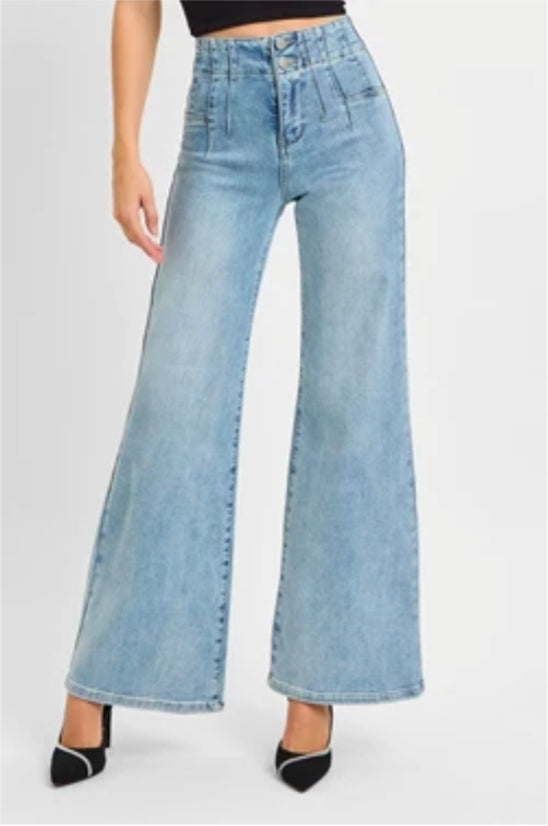 RISEN Light High Rise Wide Leg Jeans w/ Dart Details