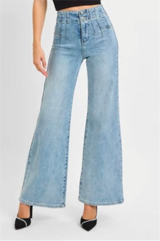 RISEN Light High Rise Wide Leg Jeans w/ Dart Details
