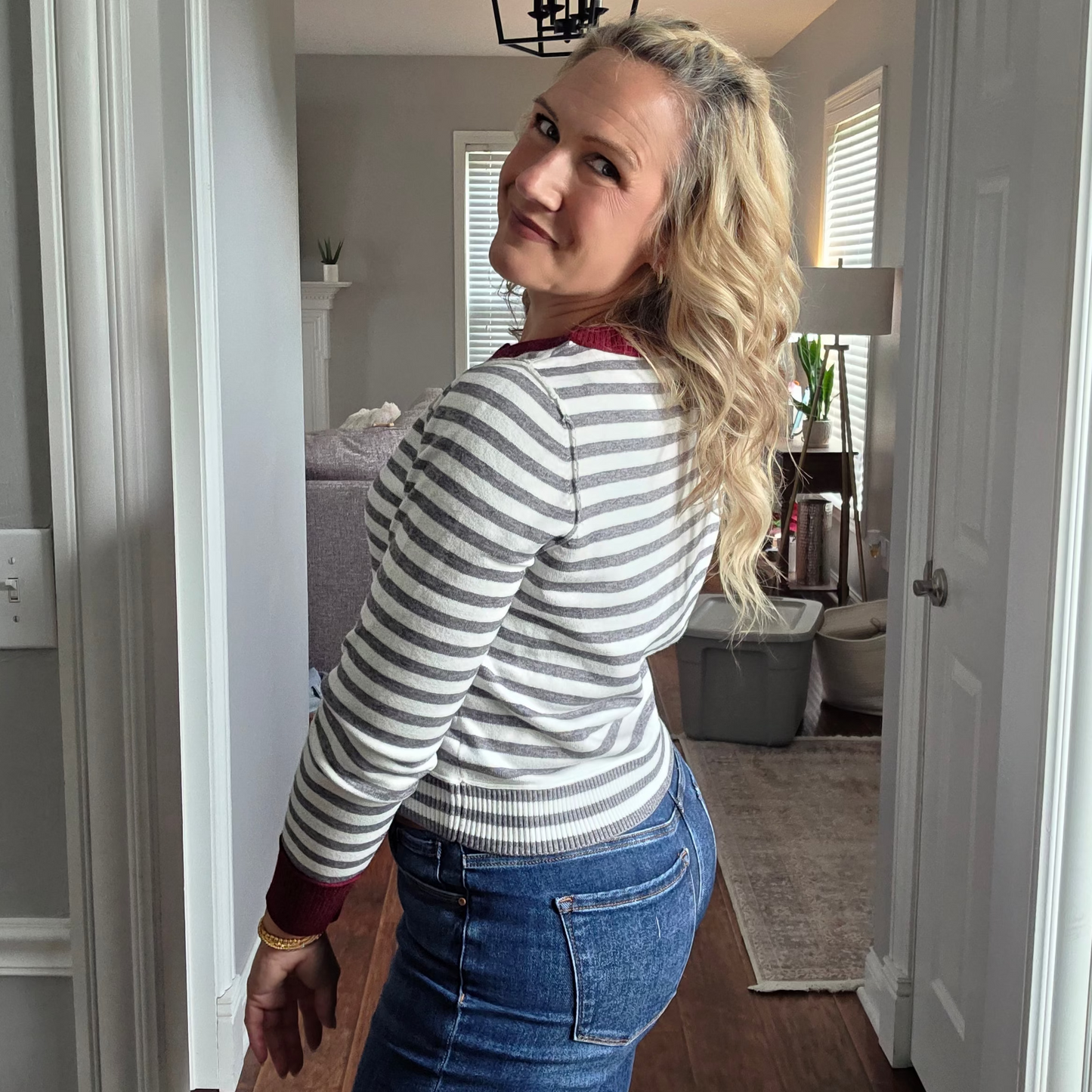 Heather Grey & Off White Striped Cardigan