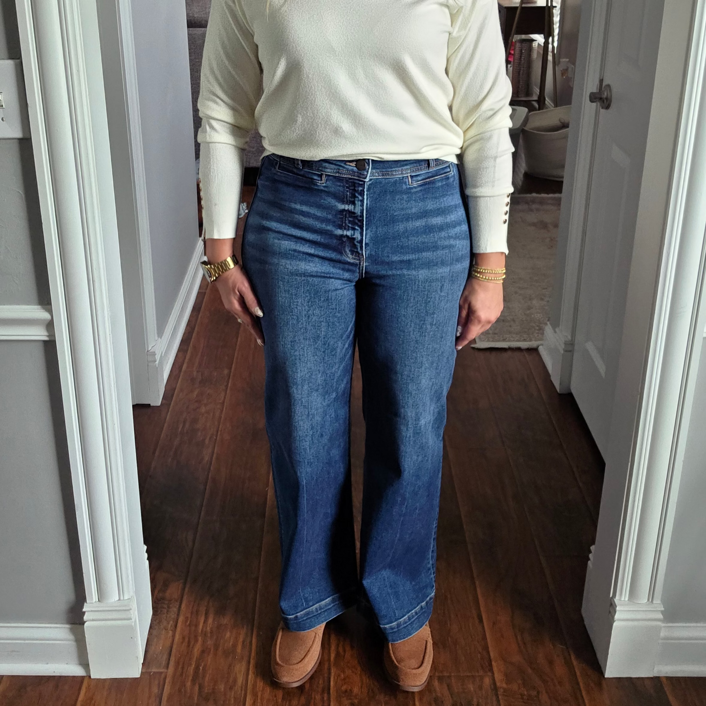 RISEN Dark High Rise Relaxed Straight Leg Ankle Length Jeans w/ Front Welt Pocket
