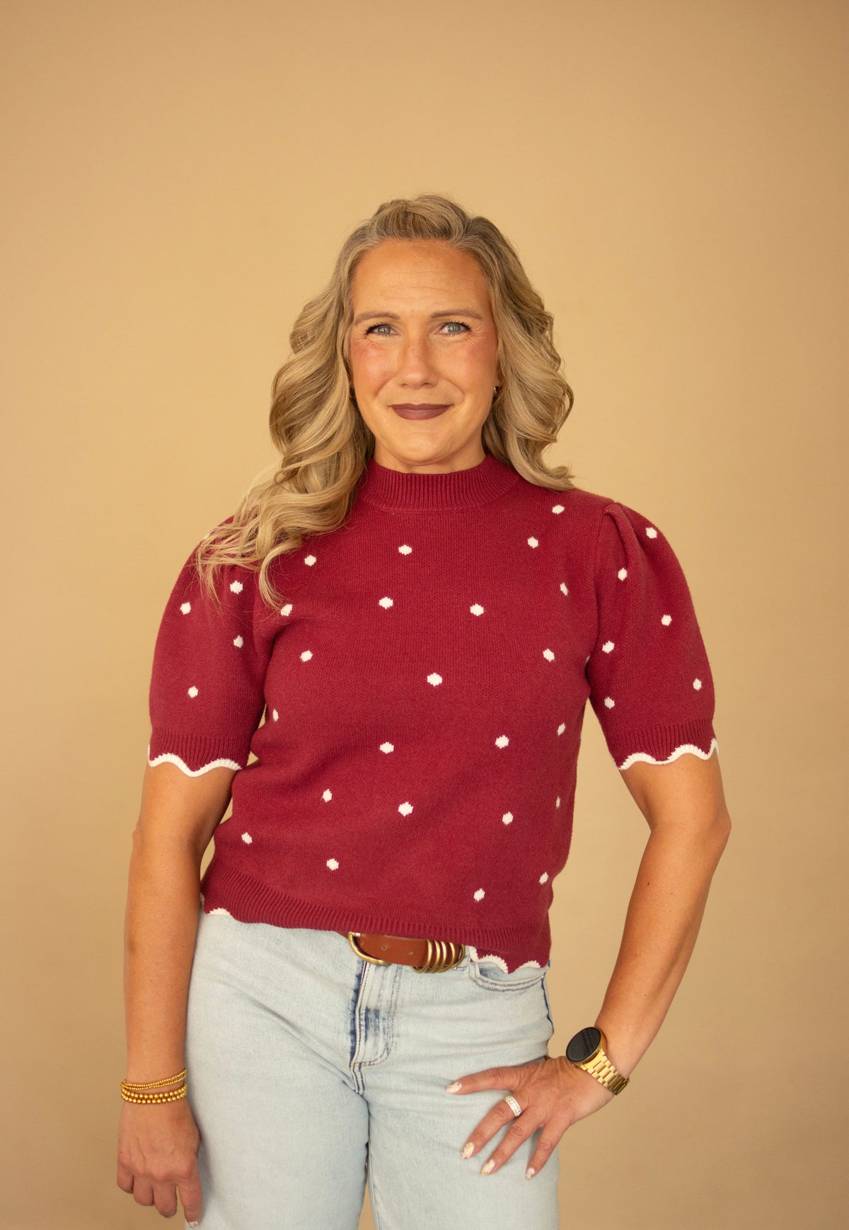 Wine Scallop Edge Polka Dot Top