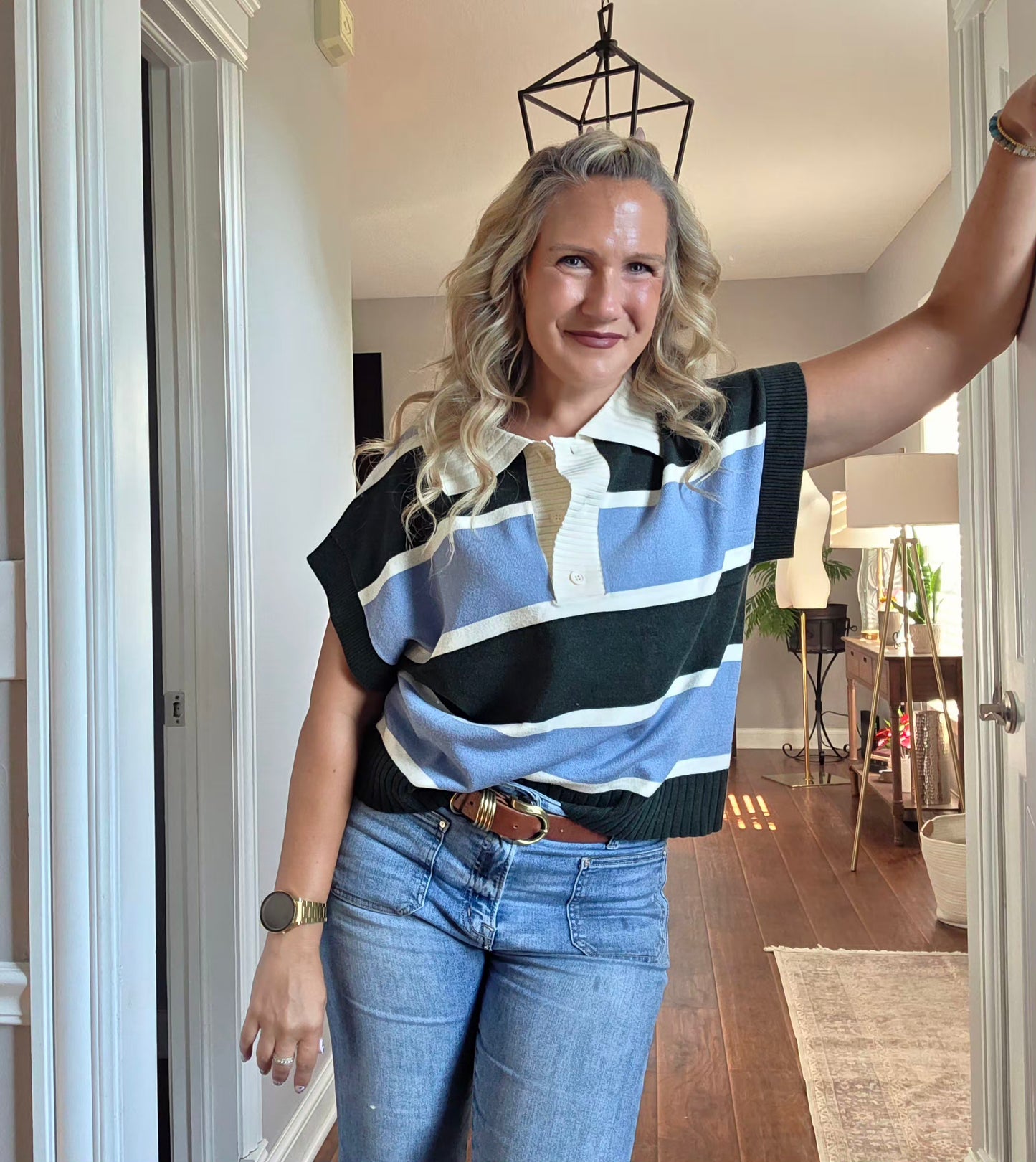 Dark Green & Blue Striped Collared Knit Top