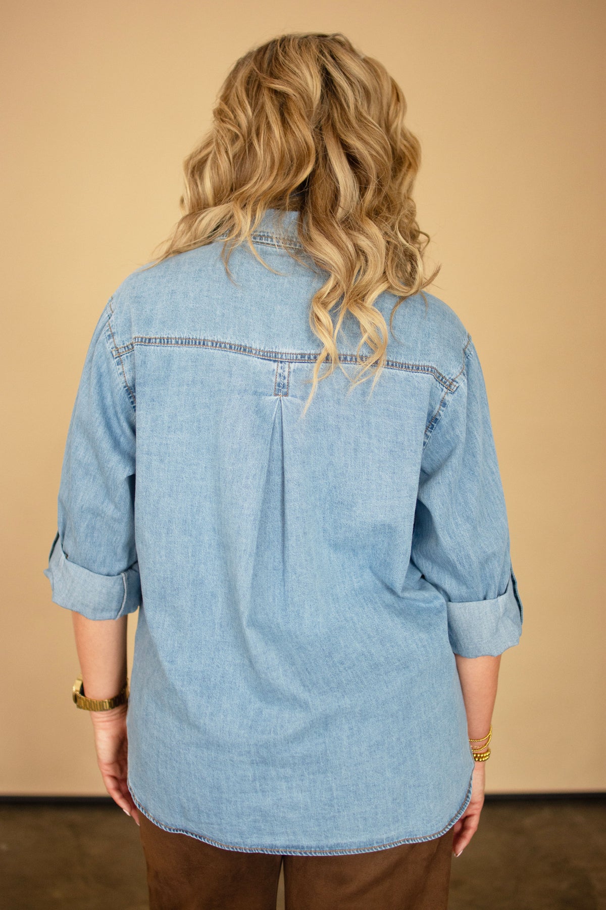 Denim Button Front Shirt w/ Roll Tab Sleeves