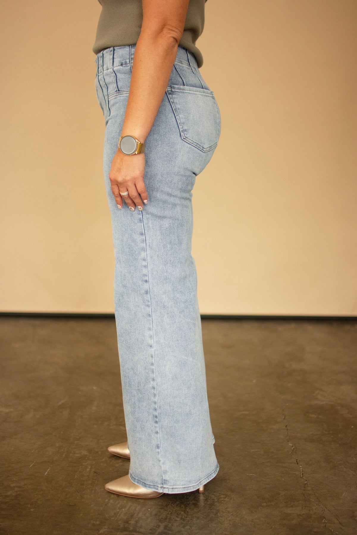 RISEN Light High Rise Wide Leg Jeans w/ Dart Details