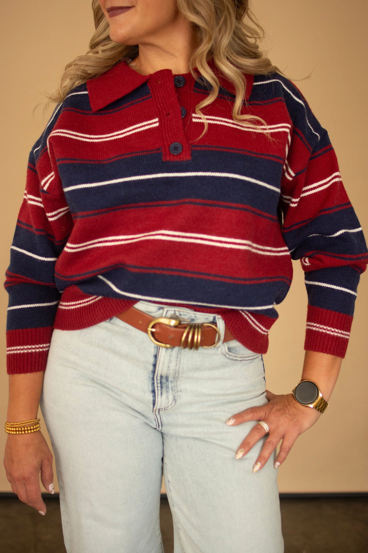 Cranberry Collared Knit Sweater w/ Navy & Off White Stripes