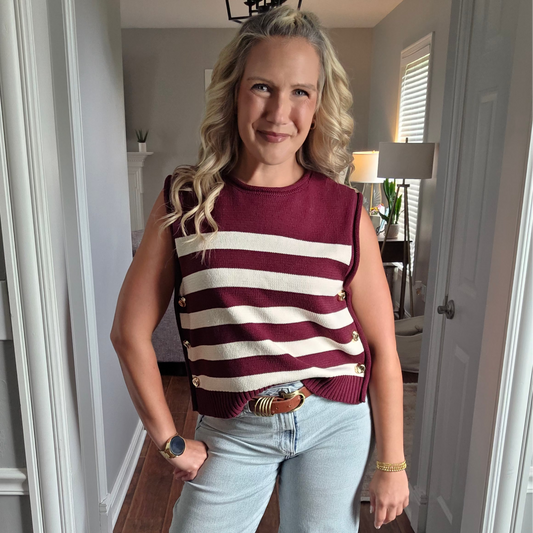 Wine Striped Sleeveless Knit Top