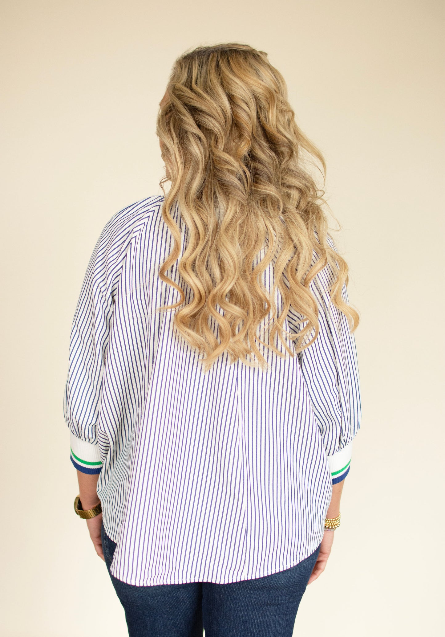 Navy Pinstripe Top w/ 3/4 Zip Front & Sleeves