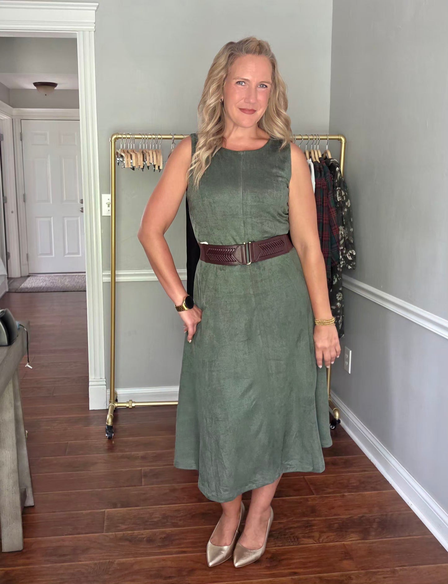 Green Faux Suede Sleeveless Midi Dress