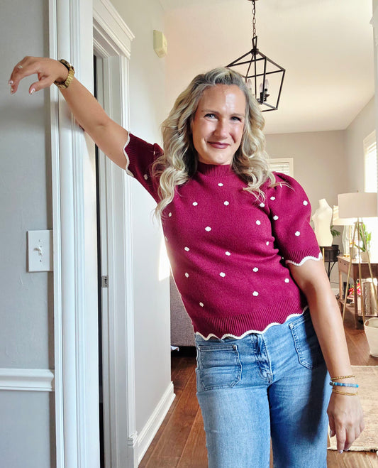 Wine Scallop Edge Polka Dot Top