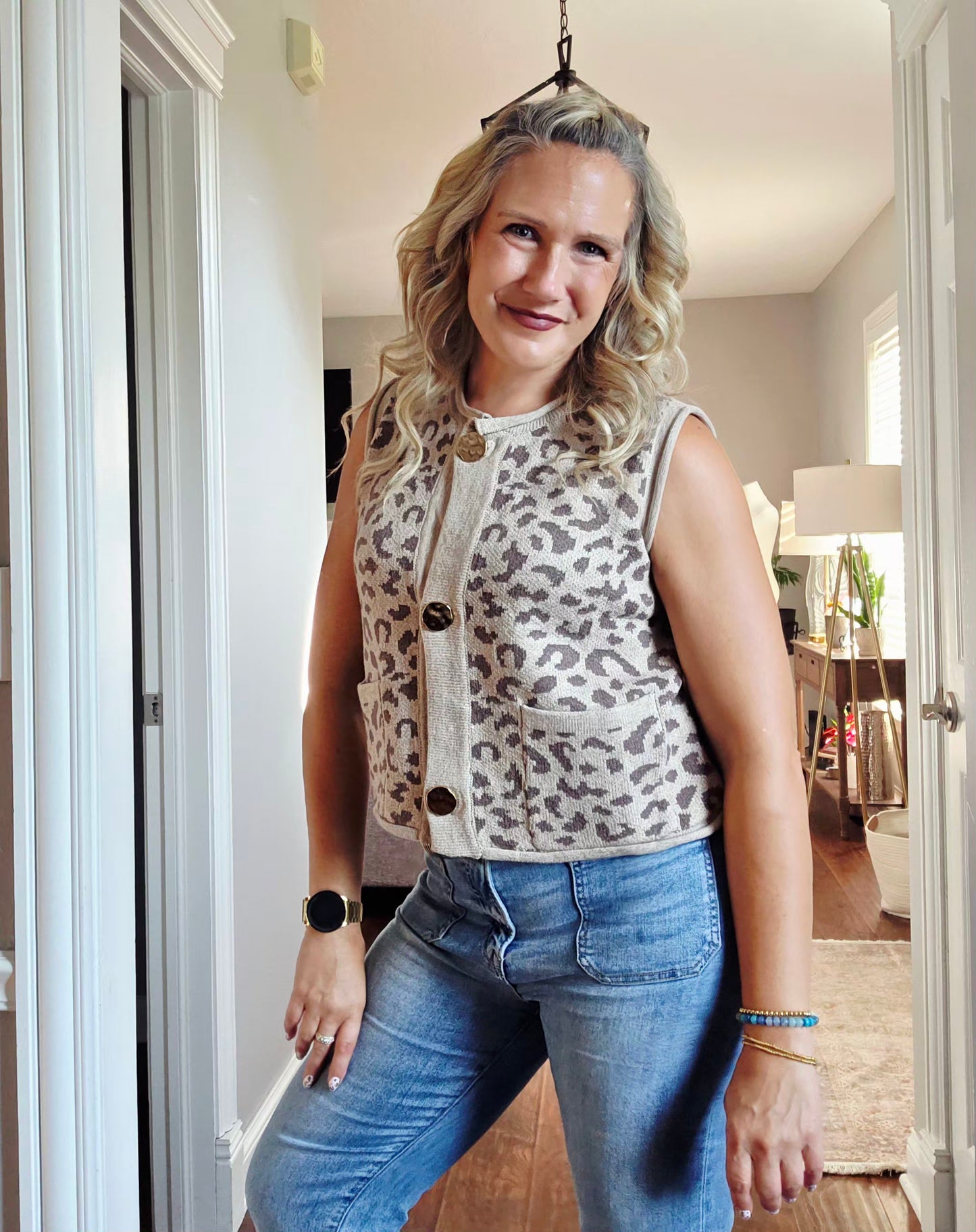 Mocha Sleeveless Animal Print Knit Vest