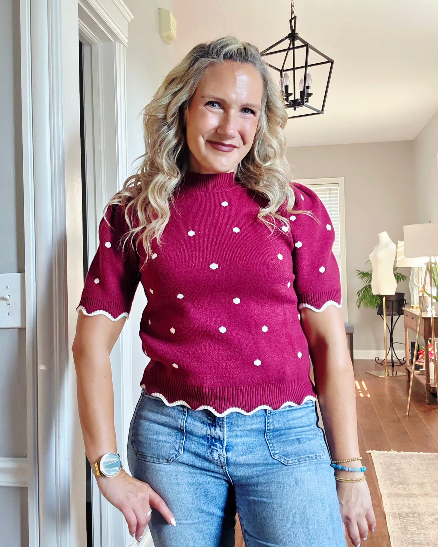 Wine Scallop Edge Polka Dot Top