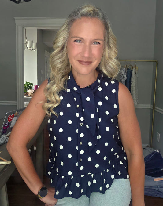 Sleeveless Navy Polka Dot Button Down Top