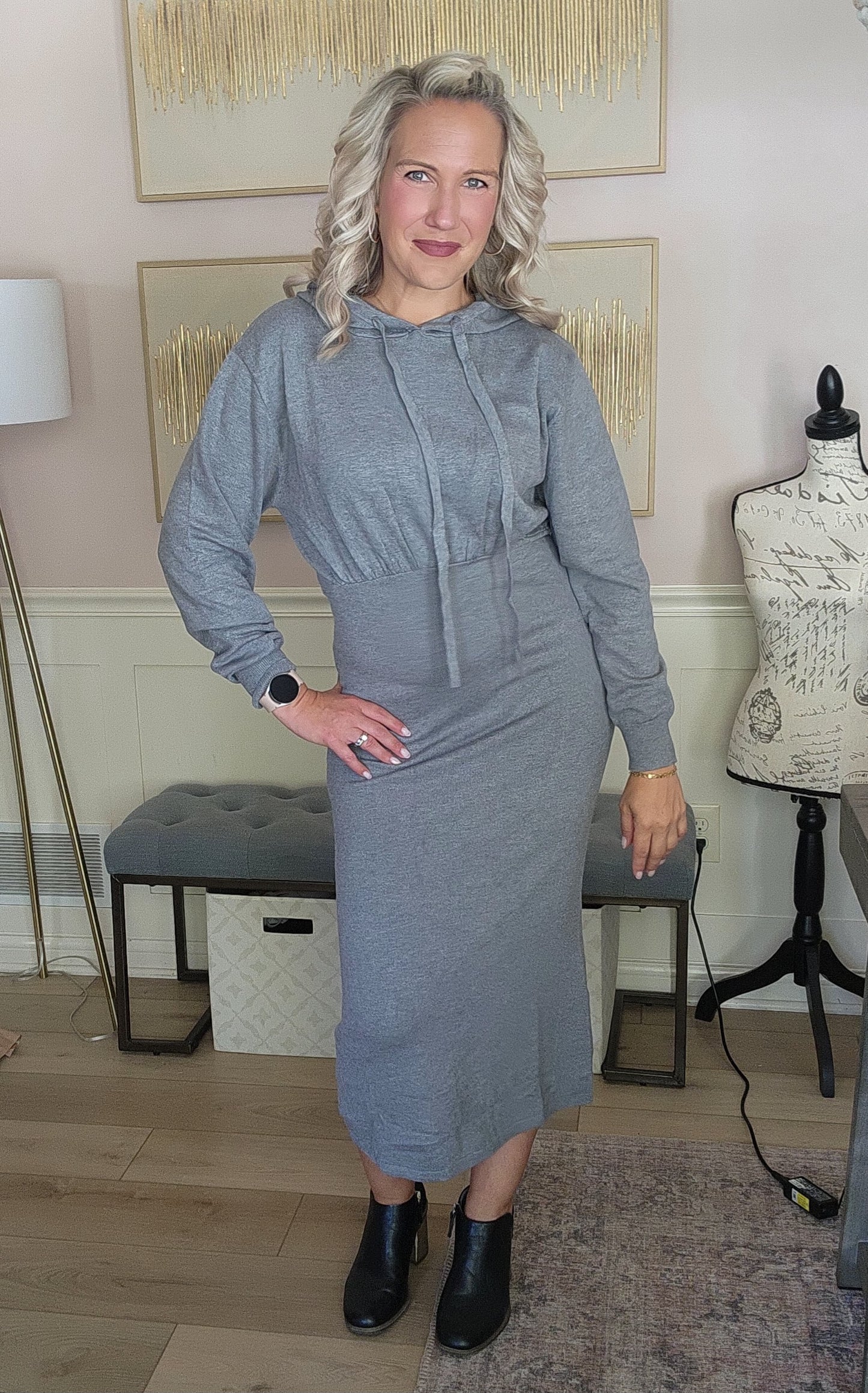 Grey Hooded Midi Dress