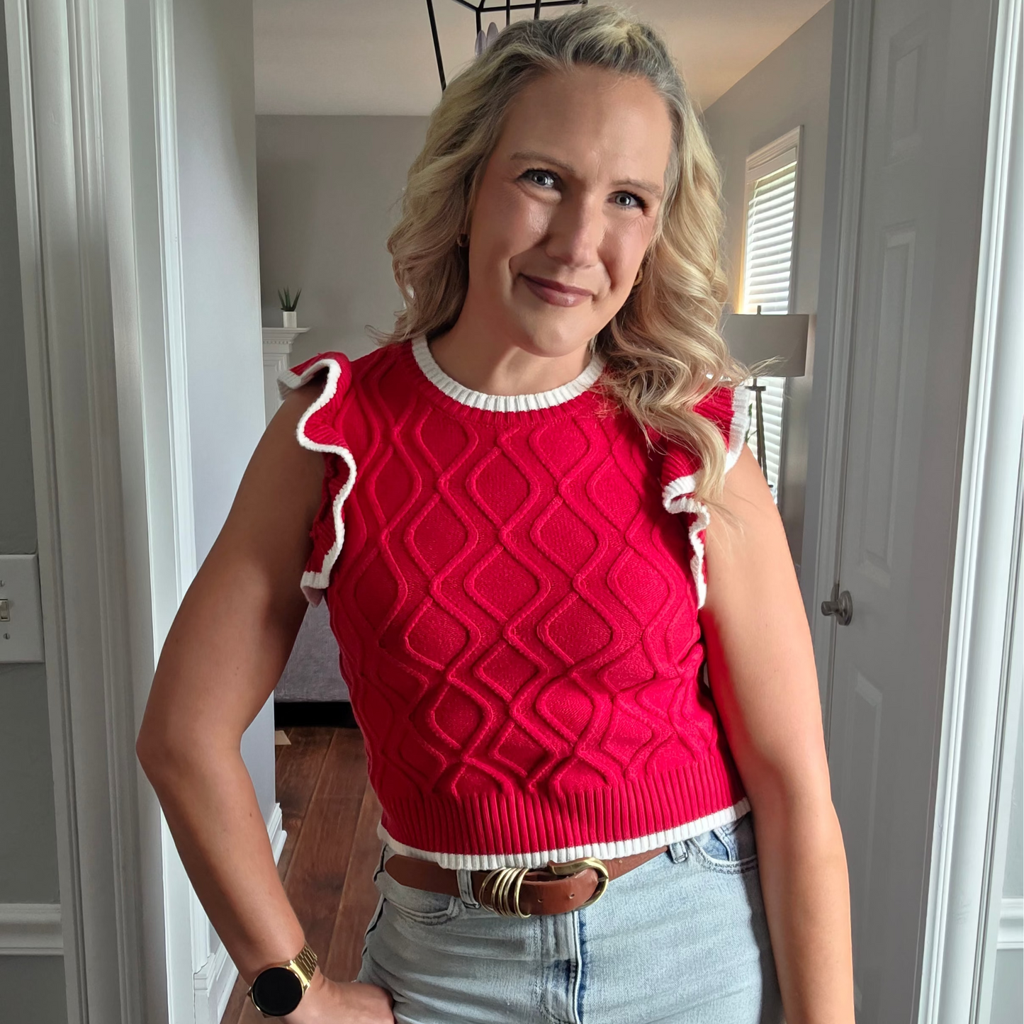 Red Ruffle Sleeve Cable Knit Sleeveless Top