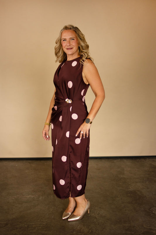 Burgundy Sleeveless Dress w/ Pink Polka Dots