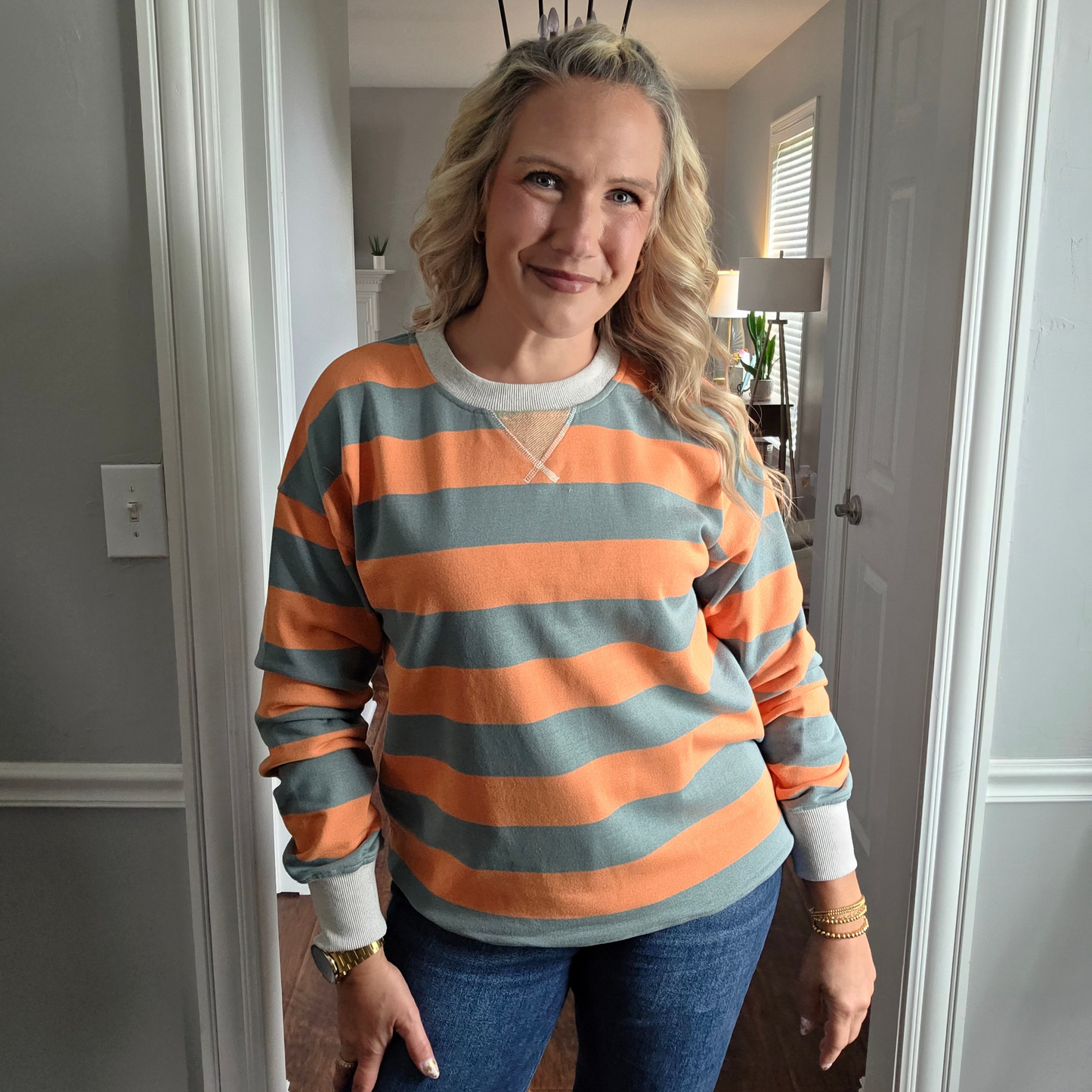 Pumpkin & Sage Striped Terrycloth Oversized Sweatshirt