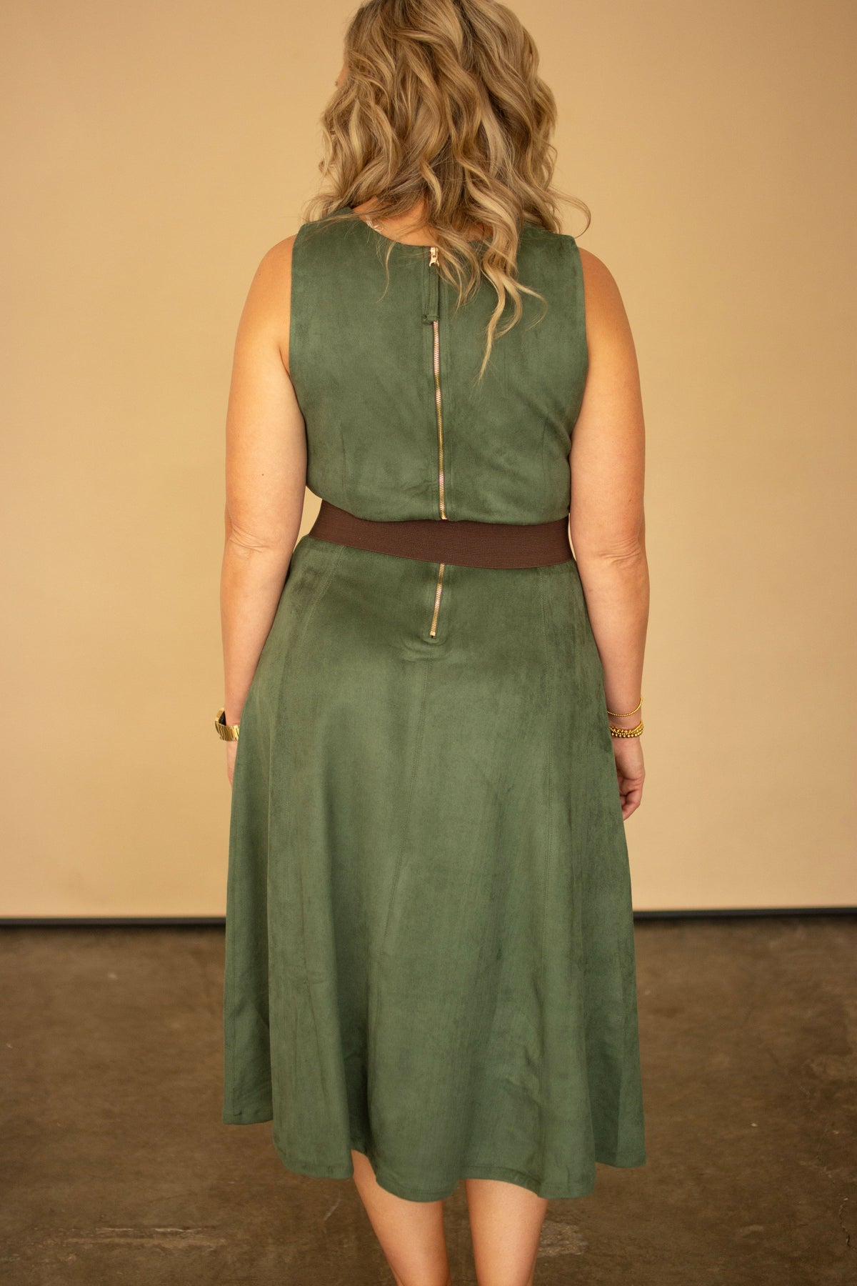 Green Faux Suede Sleeveless Midi Dress