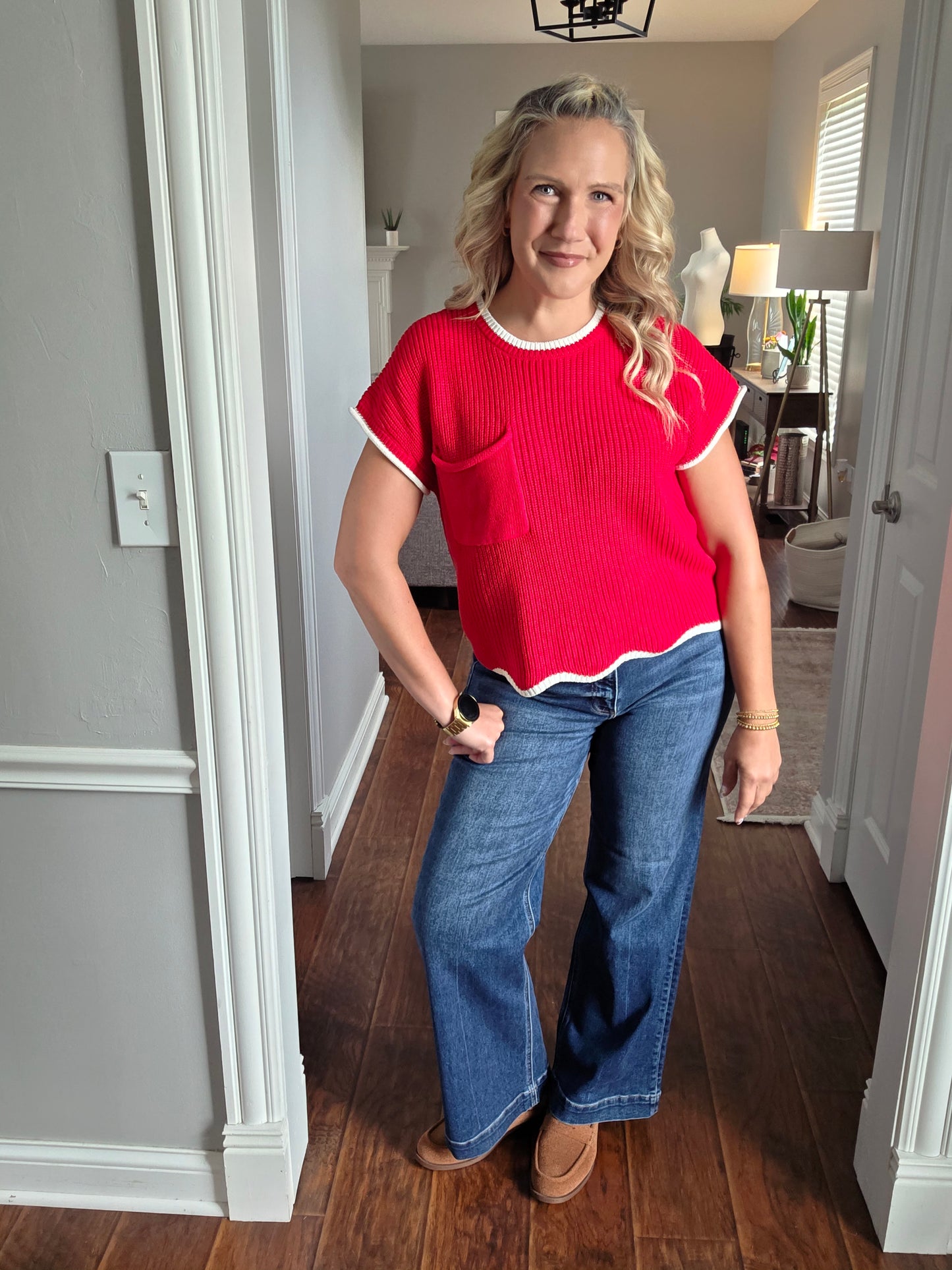 Red Chunky Knit Drop Shoulder Top
