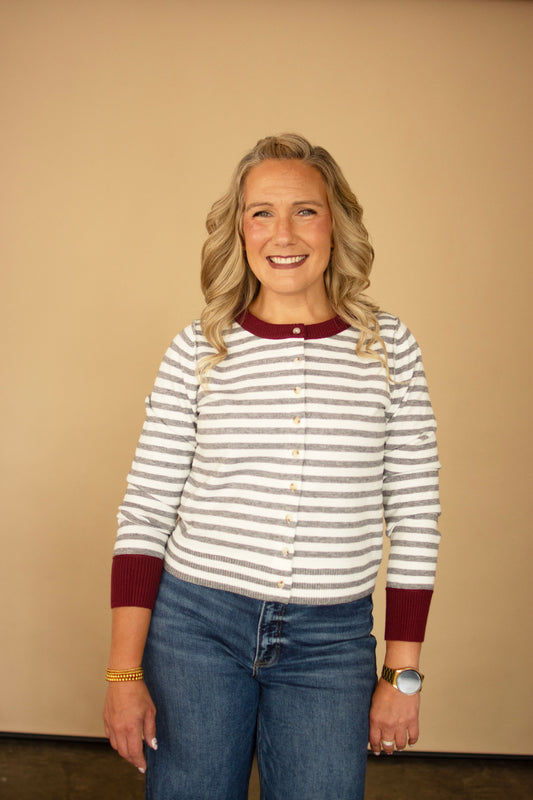 Heather Grey & Off White Striped Cardigan