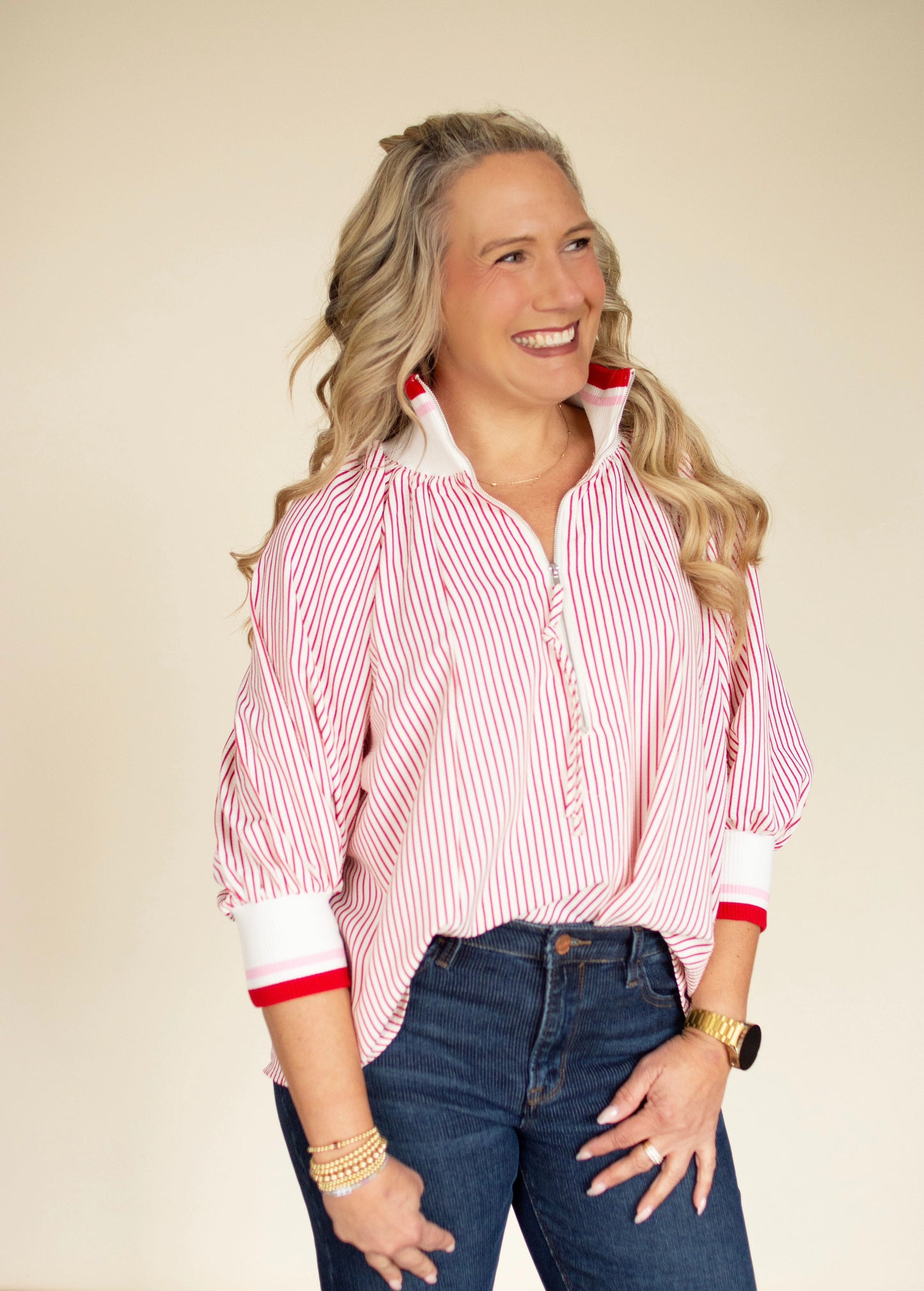 Red Pinstripe Top w/ 3/4 Zip Front & Sleeves