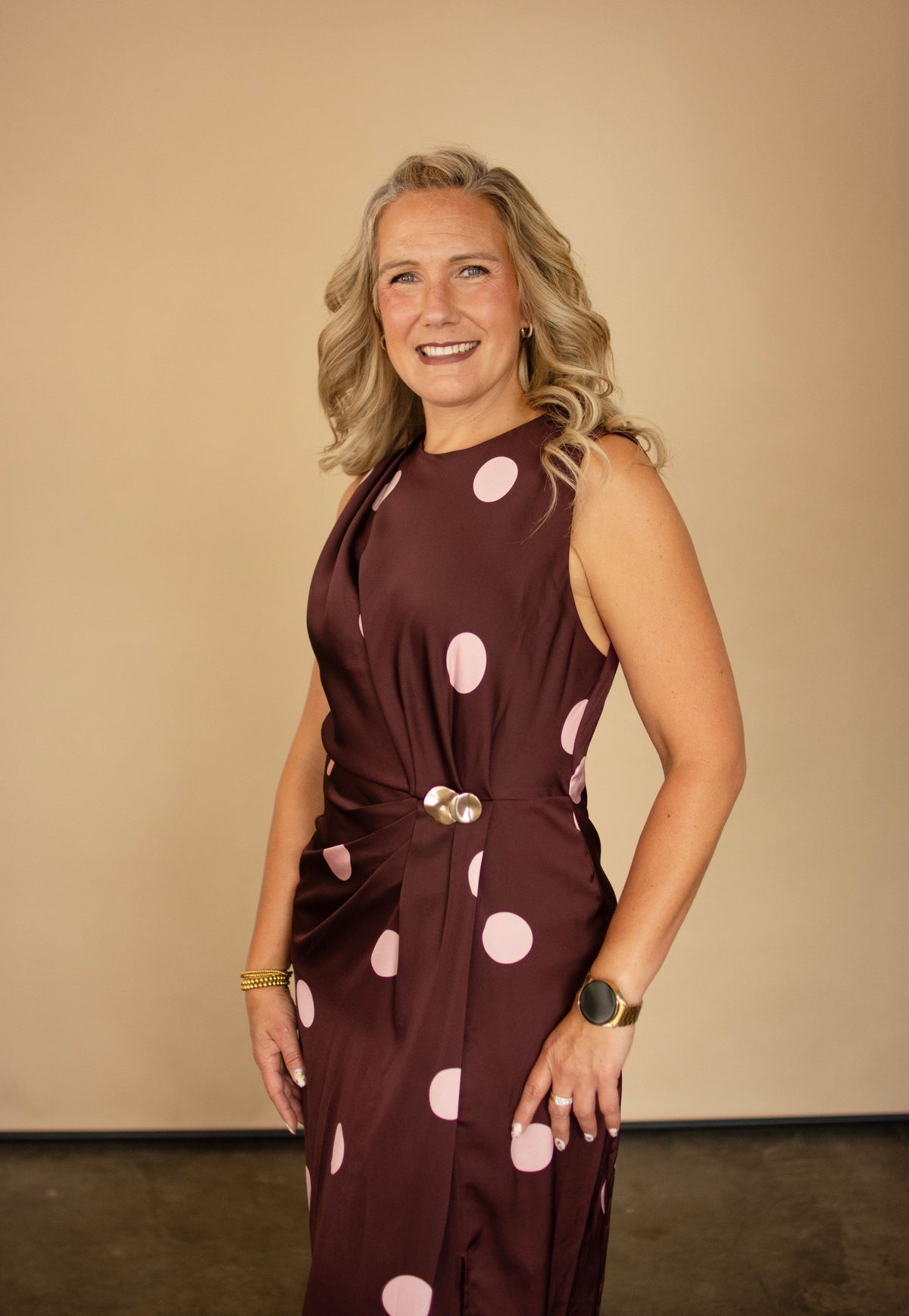 Burgundy Sleeveless Dress w/ Pink Polka Dots