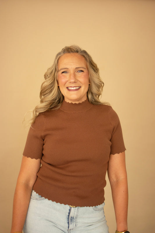 Cinnamon Mock Neck Scallop Edge Top