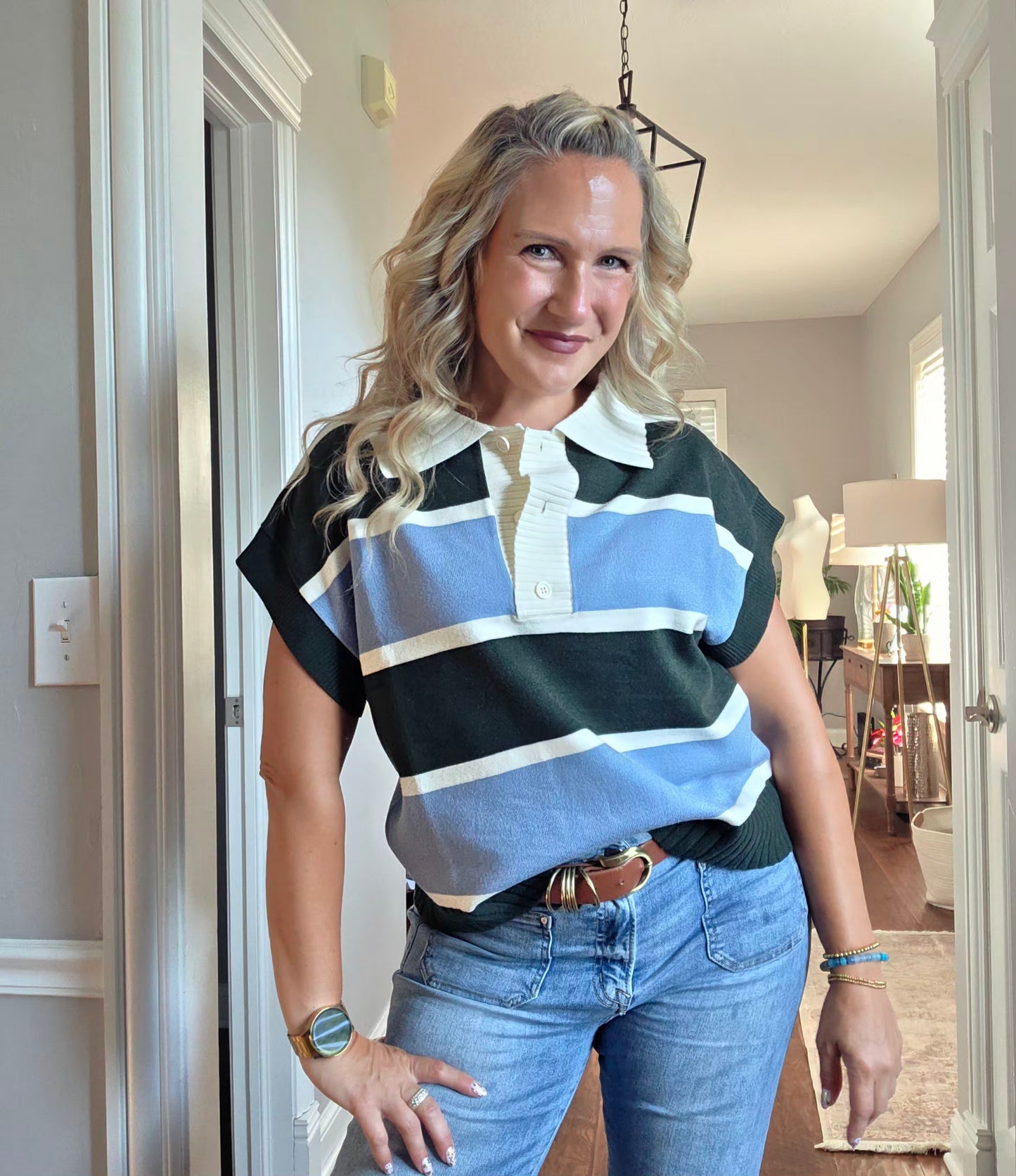 Dark Green & Blue Striped Collared Knit Top