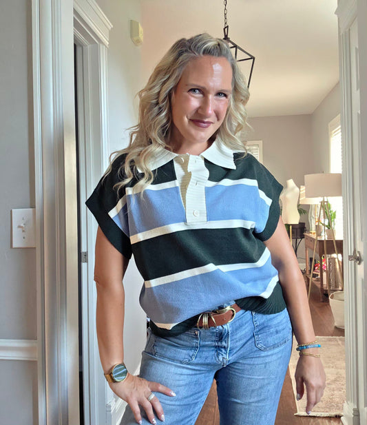 Dark Green & Blue Striped Collared Knit Top