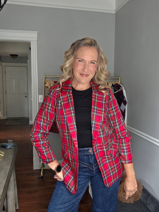 Red Plaid Double-Breasted Fitted Blazer