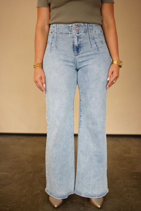 RISEN Light High Rise Wide Leg Jeans w/ Dart Details