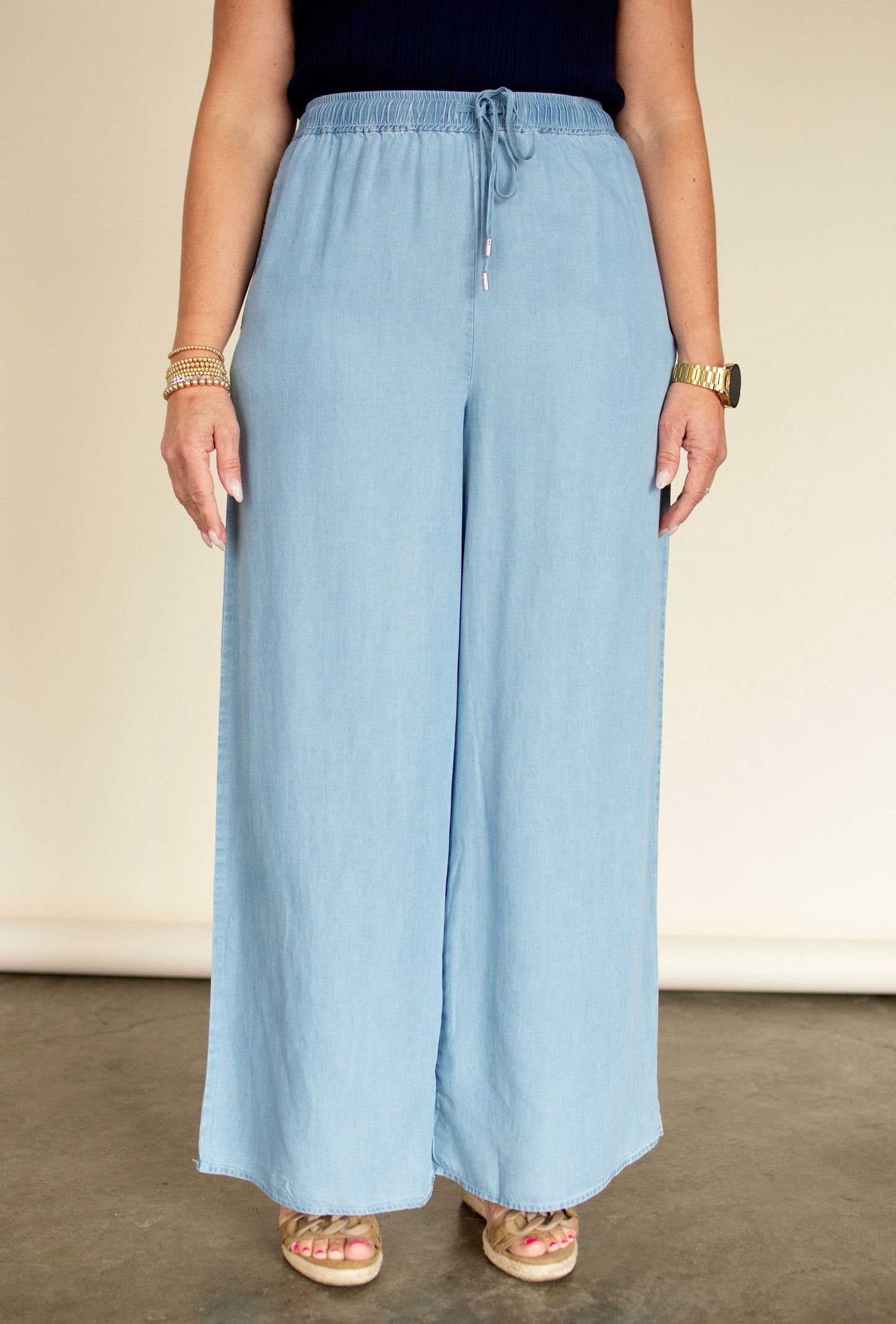 Chambray Wide Leg Drawstring Pants
