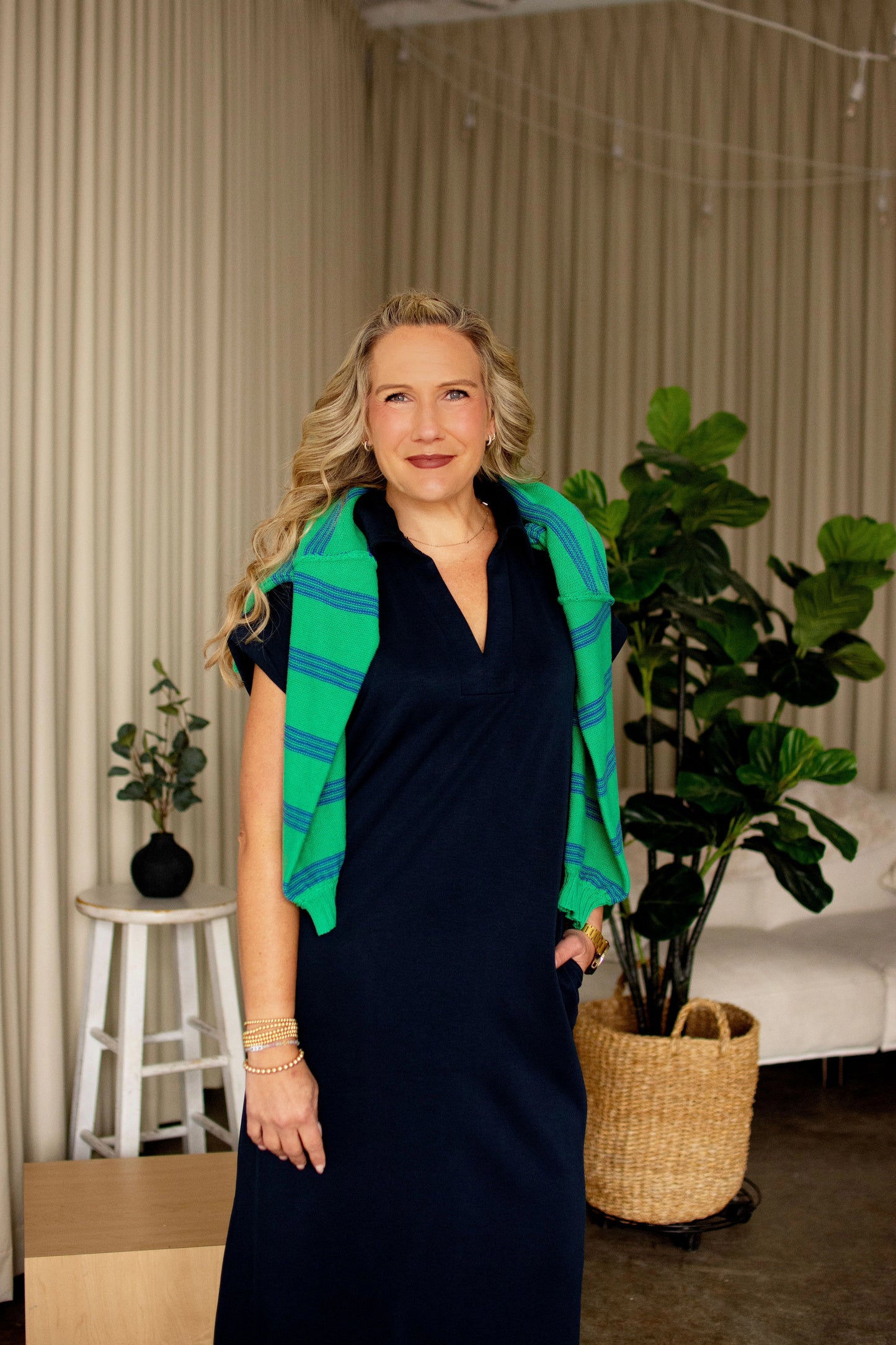 Kelly Green Lightweight Sweater w/ Navy Stripes