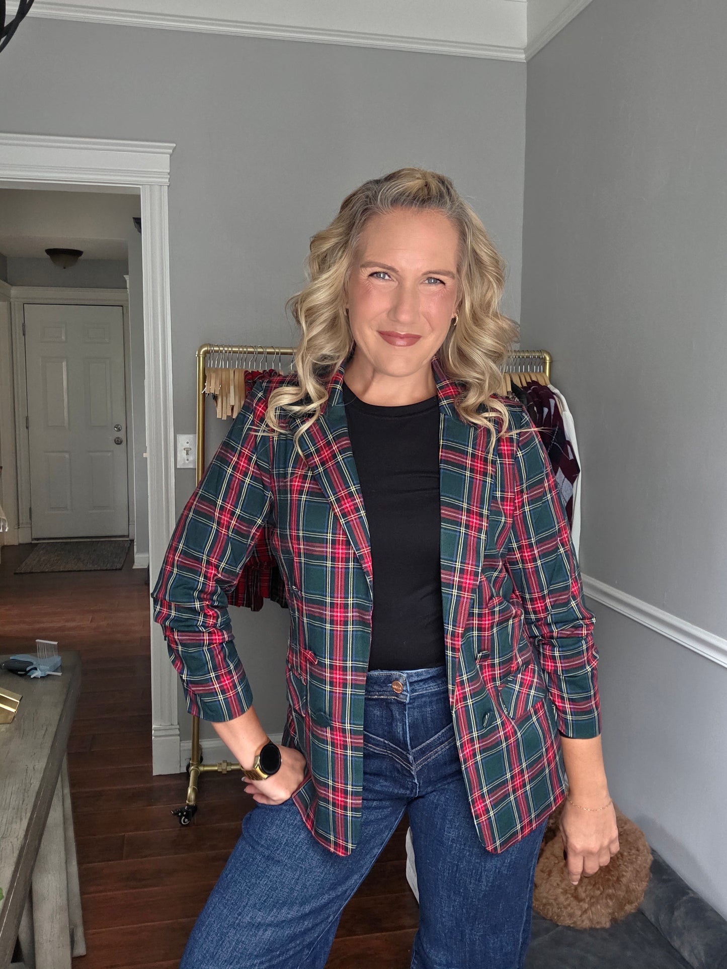 Green Plaid Double Breasted Blazer