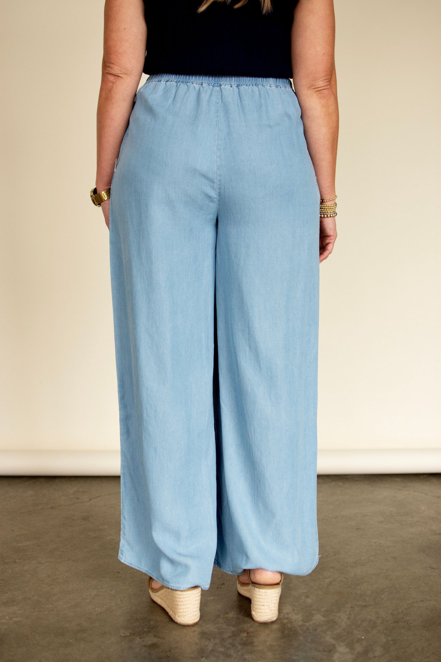 Chambray Wide Leg Drawstring Pants