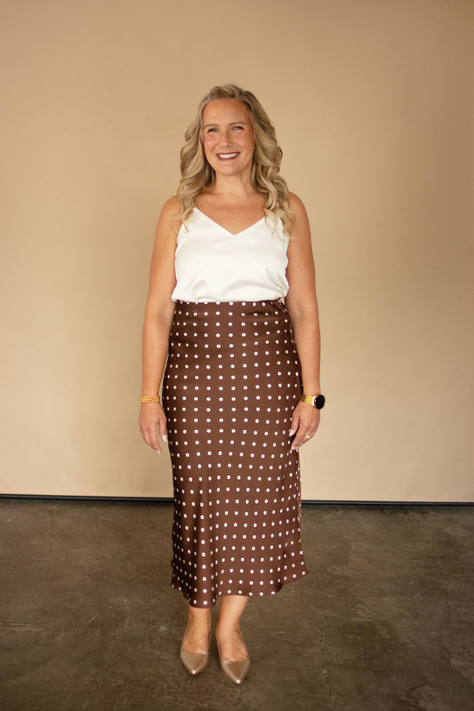 Brown Midi Skirt w/ Polka Dots