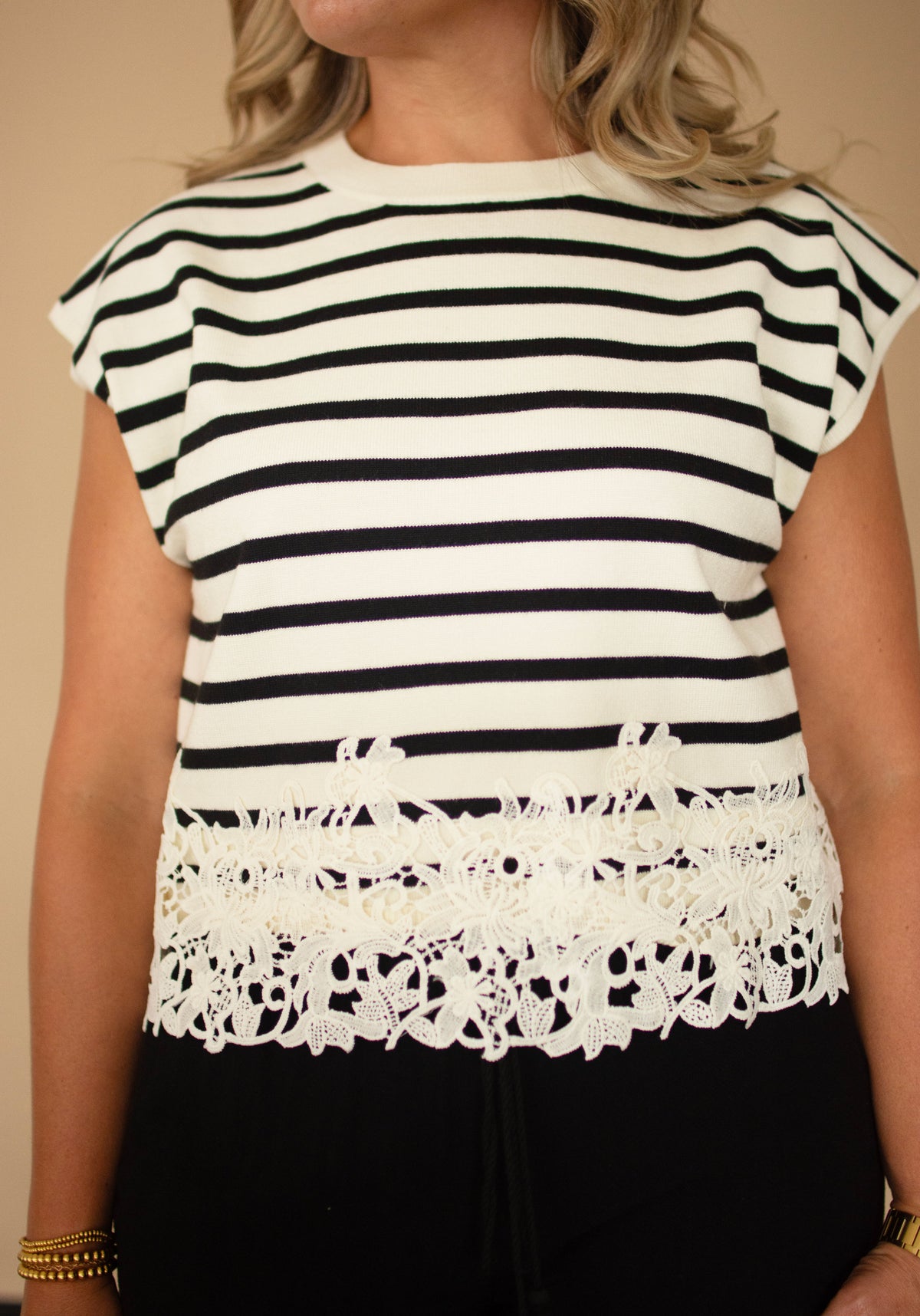 Off White Cap Sleeve Top w/ Black Stripes