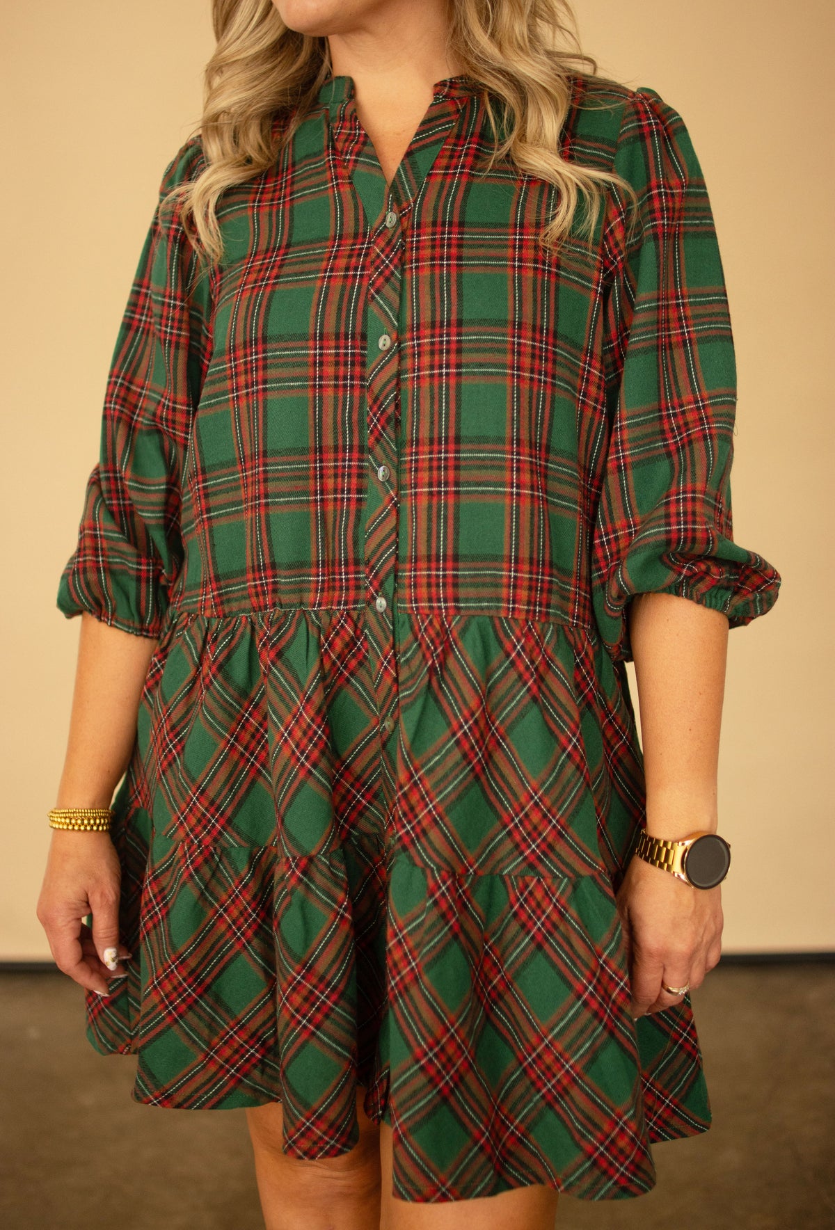 Green Tartan Plaid Tiered Button-Down Dress