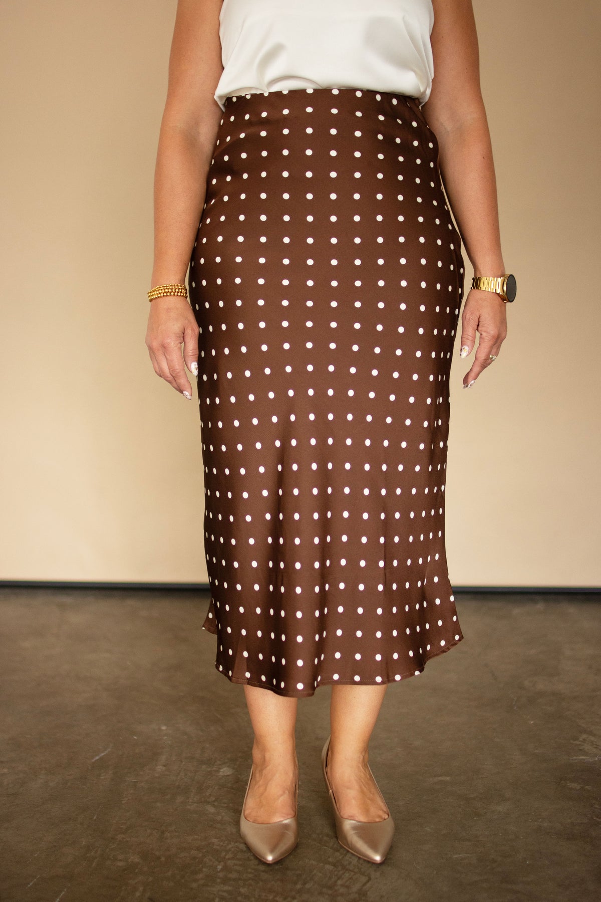 Brown Midi Skirt w/ Polka Dots