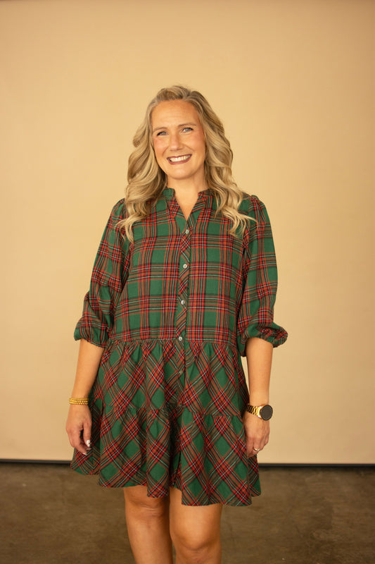 Green Tartan Plaid Tiered Button-Down Dress