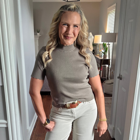 Olive Mock Neck Scallop Edge Knit Top