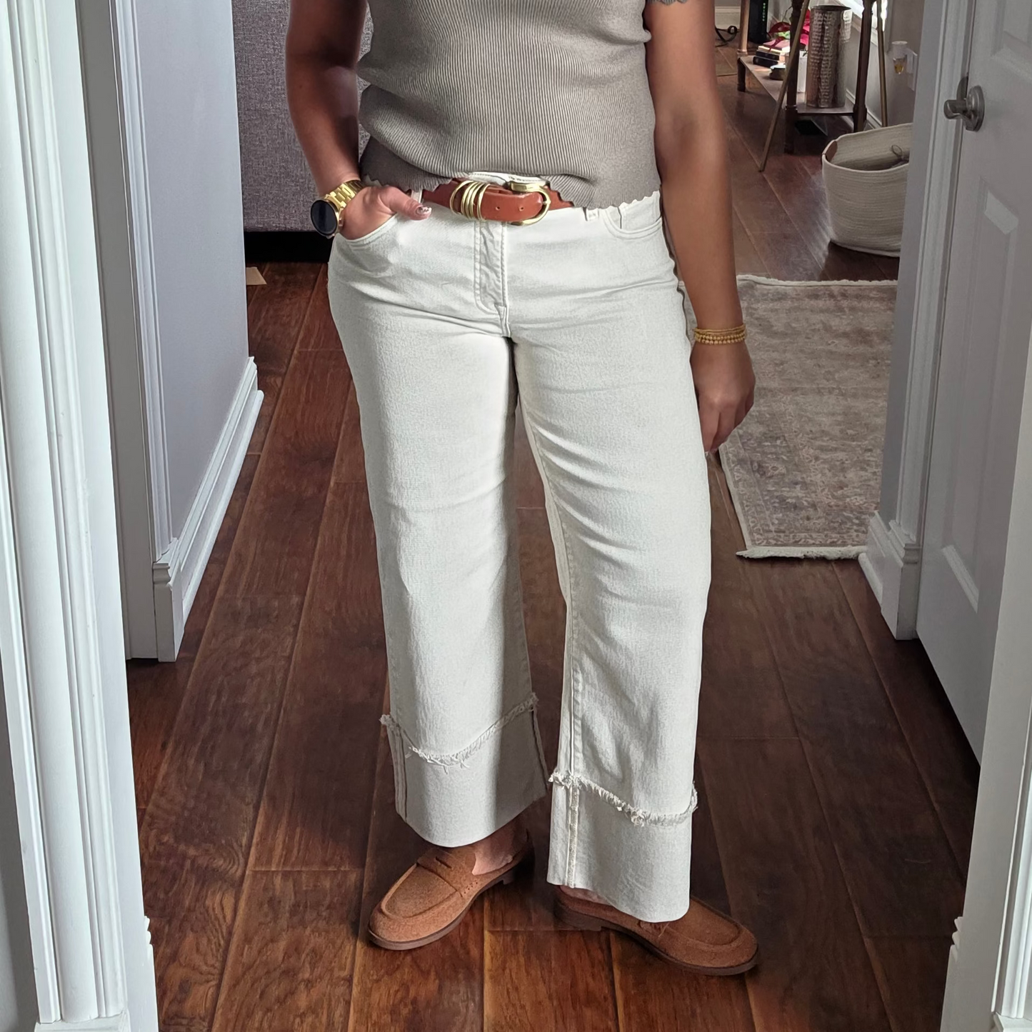 RISEN Almond Tummy Control Mid Rise Wide Leg Cuffed Ankle Length Jeans