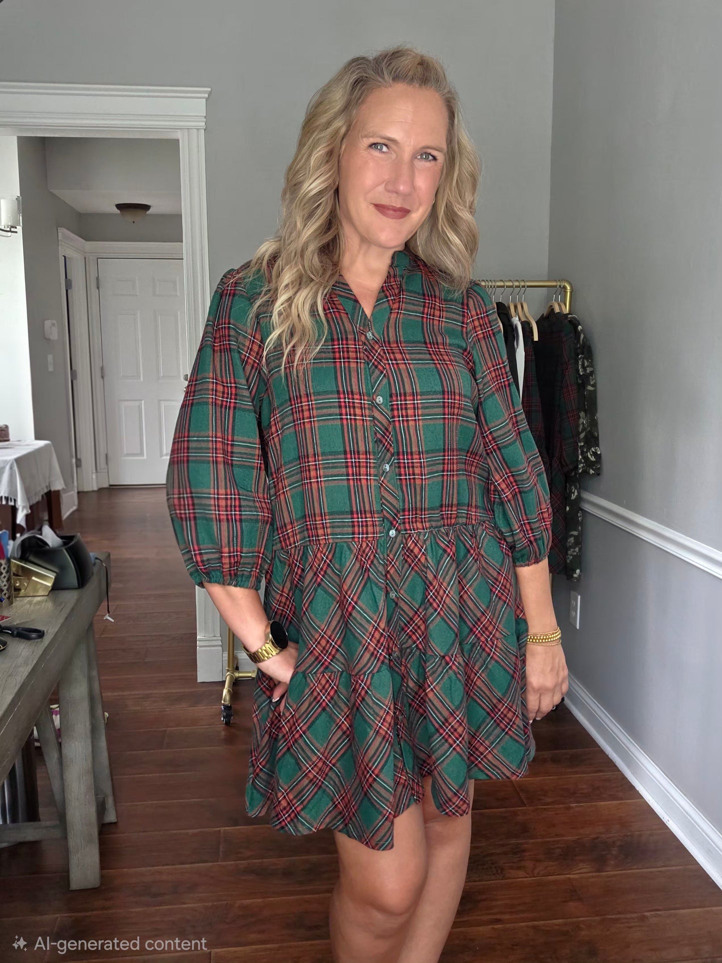 Green Tartan Plaid Tiered Button-Down Dress