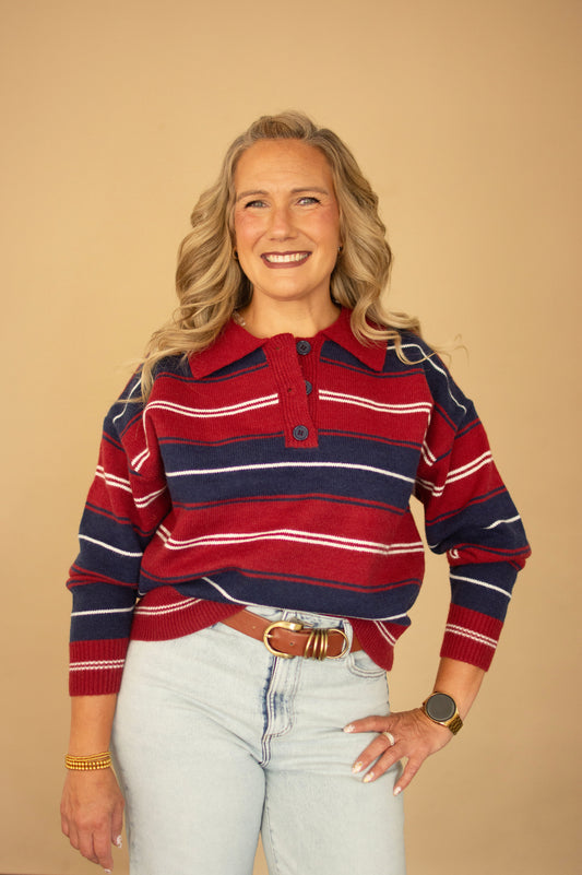 Cranberry Collared Knit Sweater w/ Navy & Off White Stripes